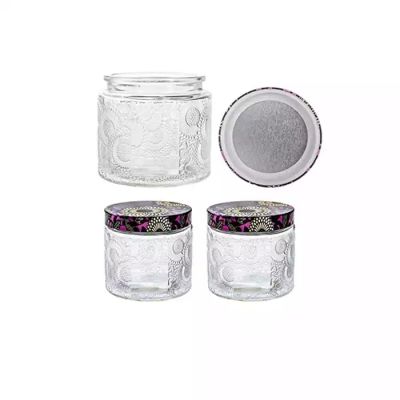 Wholesale 4 oz 10 oz glass jar spice jam lotion embossed glass candle container with lid and label