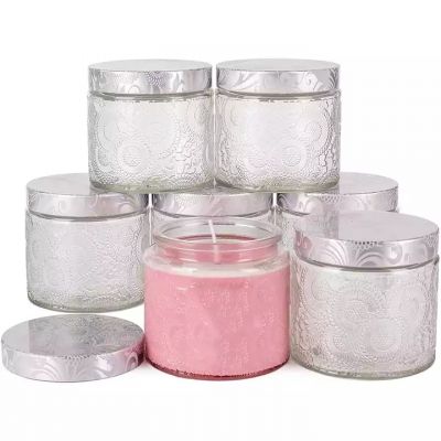 10oz Luxury Embossed Clear Glass Candle Jar Container with lid