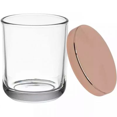10oz Transparent Cylinder Glass Candle Jar with rose gold metal lid