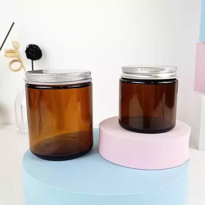 Wholesale Empty Brown Glass Amber Candle Jar Container Vessels with Lids for Soy Wax Scented Candle Making