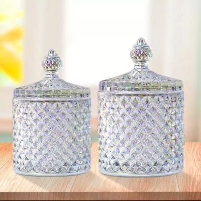 Wholesale Clear Luxury Crystal Geo Candle jar Cut Diamond Glass Candle Candy Jars Container Vessels Cup with Lids Candle Jars
