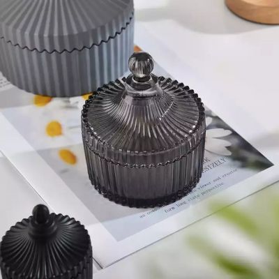 Elegant luxury glass candle holder gift home decoration gray color glass candle jar with Ger glass lid
