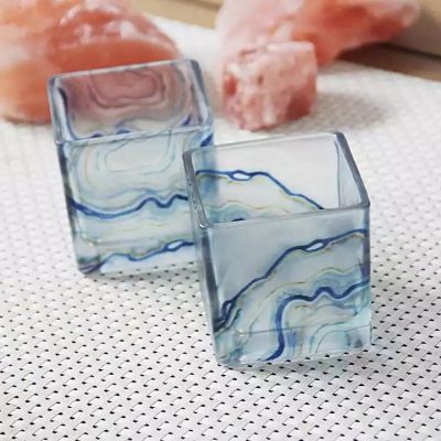 Blue Print Square Glass Candle Holder Romantic Candlelight For Dinner For Decorations