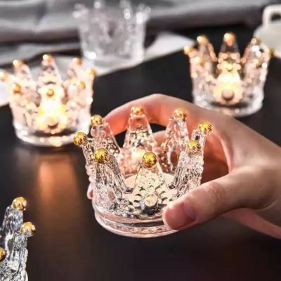 Luxury glass crystal golden crown candle holder necklace ring storage dish creative ornaments aromatherapy candle holder