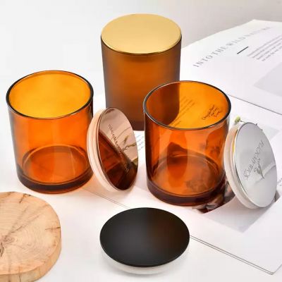Transparent amber glass candle jar wide mouth scented cement wax making glass candle holder with metal lid and box