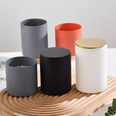 Multiple colors ceramic glass candle jar round scented cement wax making glass candle holder with metal lid