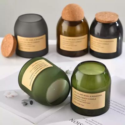 New Style Candles Scented Luxury Private Label Empty Green Glass Candle Holder With Wood Ball Sealed Cork Lid