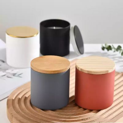 Elegant scented wax empty ceramic glass candle jars multi-color craft candle cup with wooden lid