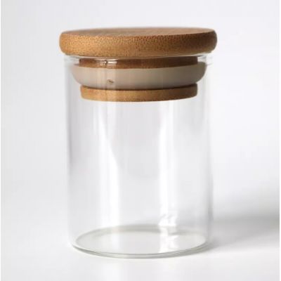 Wholesale Unique Smell Proof Child Resistant Packaging High Borosilicate Kitchen Food Storage Glass Jar with Wood Lid Mason