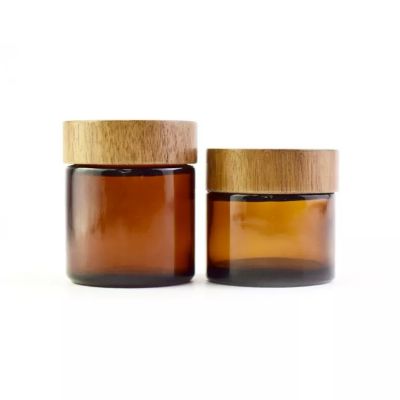Custom Child Resistant 8oz Cosmetic Packaging Candle Amber Glass Bottle Mason Jar with Wood Lid