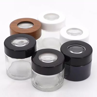 Custom Logo 2oz 3oz 4oz Child Resistant Airtight Transparent Glass Storage Magnifying Cap Stash Viewing Jar