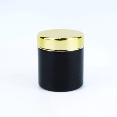 Custom Logo Straight Sided Child Resistant Flower Packaging Glossy Matte Black Glass Jars with Gold Electroplate Lid