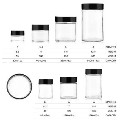 Smell proof1oz 2oz 3oz 4oz 6oz 8oz 12oz 16oz empty flower clear wide mouth container child resistant glass jar with cap