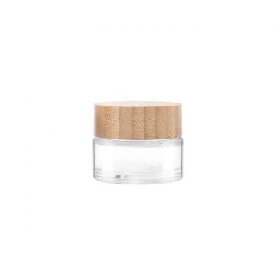custom hot sale 25ml clear wide mouth cosmetics cream flower glass jar with bamboo child resistant lid
