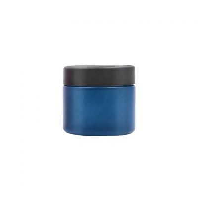 Manufacturer 55ml matte blue wide mouth empty packaging flower glass jar with black plastic childproof lid