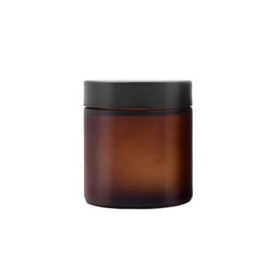 Hot sale 220ml dark amber cosmetic cream wide mouth frosted flower glass jar with black child resistant lid