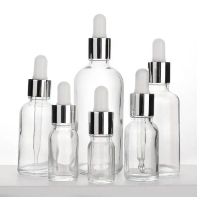 Custom Clear Skincare Serum Glass Dropper Bottle with Slivery Dropper