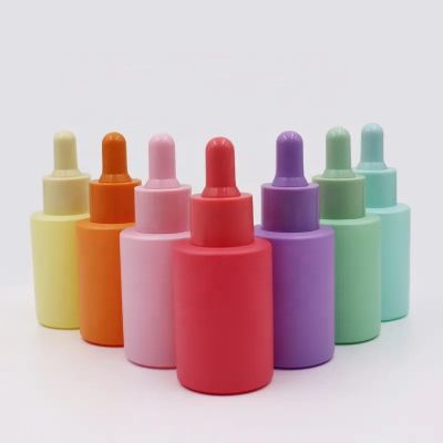 Hot sale 30ml 1oz flat shoulder colorful matte cosmetic essential oil serum glass dropper bottle