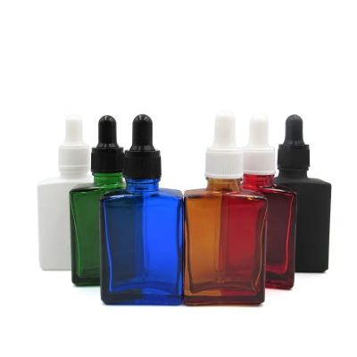 Custom design 1oz 30ml square rectangular colored glass dropper bottle for essential oil cosmetic packaging