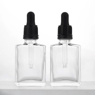 30ml Clear Aromatherapy Tincture Serum Bottle Cuticle Facial Oil Square Glass Bottle with Black Tamper Proof Dropper Lids