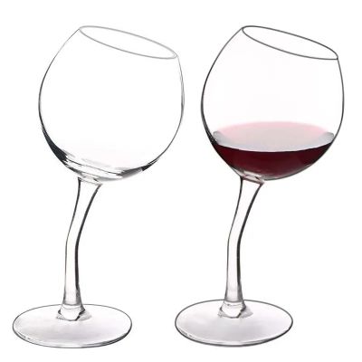 set 2 of Hand blown Clear Tipsy Red Wine Glass Corky Wine Glass Set with Custom Logo Tilted Wine Glasses