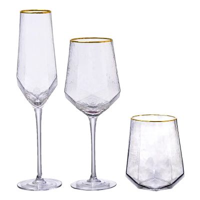 2021 new fashion Diamond shape design Vintage Goblet Glasses Clear Red Wine Goblet Gold Rim Wine Glass Cups Drinking wine set