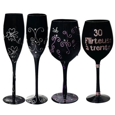 black solid color champagne flute wine glass set