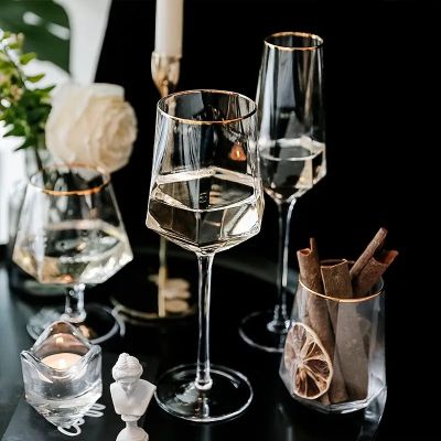 Wholesale Luxury Diamond Shape Gold Rimmed Drinking Wine Glasses