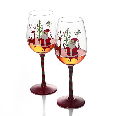 Hand Painted Santa Claus Christmas Wine Glasses with Red Stem for Party