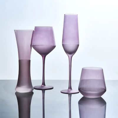 Elegant Frosted Decorative Etched Purple Wine Glasses with Decal