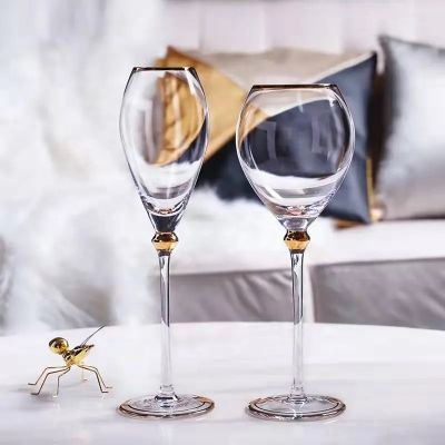 Luxury Hand Blown Portugal Long Stem Gold Rim Champagne And Wine Glasses Gift Set