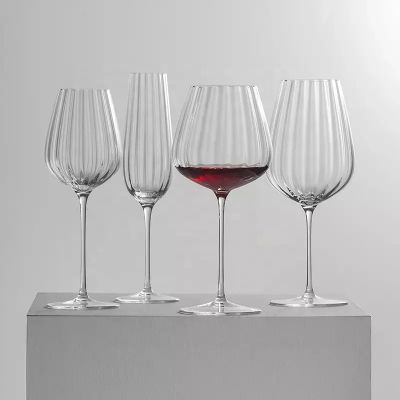 Unique Hand Blown Luxury Champagne Flute Thin Stem Decorative Stripe Crystal Burgundy Wine Glass