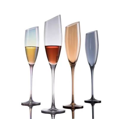 Hot Sale Classical Amber Gray Rainbow Slanted Mouth Champagne Flutes Glass Wholesale