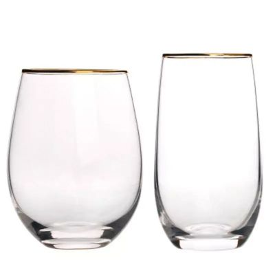 Personalized Custom Elegant Crystal White or Red Stemless Wine Glasses with Gold Rim