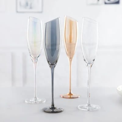 Electroplate Custom Hand Blown Champagne Glass Slanted Top Coloured Crystal Tulip Champagne Flute