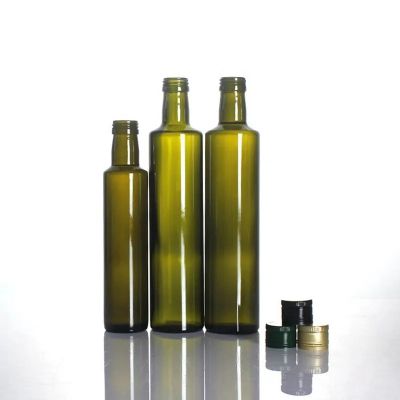 In stock 200ml 250ml 50mml 750ml empty round antique green clear olive oil glass bottle with pilfer proof caps