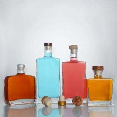 Customized logo square 750ml 500ml 200ml gin spirits vodka brandy liquor clear glass bottle with cork
