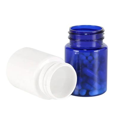 80ml industrial price white blue capsule bottles pill tablet plastic containers with CRC cap custom calcium powder jar