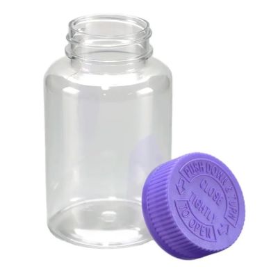 Custom Purple Lid Transparent Empty Storage Child Proof Resistant Pet Plastic Bottles With Screw Cap
