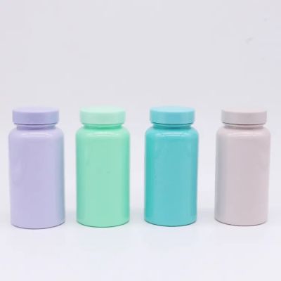 OEM iridescent luxury cute solid green color aluminum 150ml medical pill pet plastic vitamin and capsules bottle