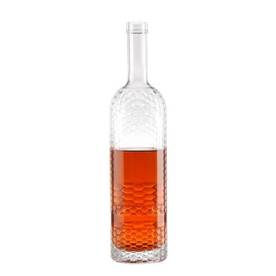 Wholesale hot selling round pattern 500ml 750ml vodka brandy rum whiskey glass bottle with cork