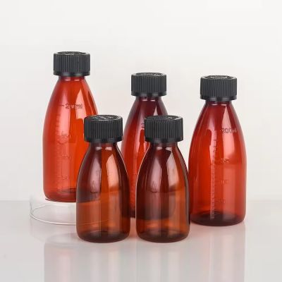 BPA free medical grade Hot sales PET amber 100ml &200ml plastic medicine cough syrup bottle with safe cap
