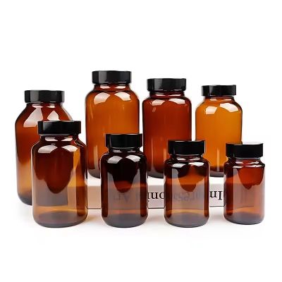 Wholesale Amber round 75ml-500ml recycled wide mouth glass capsule bottle with plastic screw cap for lab medicine pill