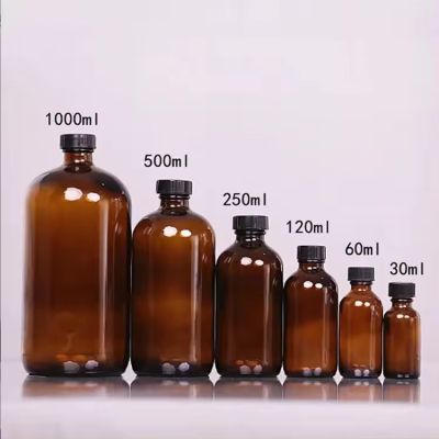 20ml 30ml 50ml 100ml 200ml 250ml 500ml Amber Round Shape Oral Liquid Boston Bottle with Golden Sliver Metal Lid Wholesale