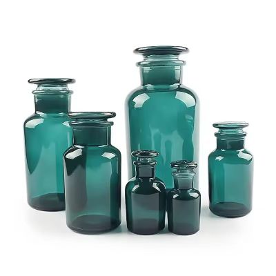 Green blue color glass reagent bottle pill supplement capsule bottle with glass lid 30ml 60ml 125ml 250ml 500ml 1000ml