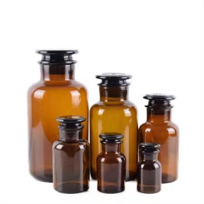 Food Storage Container Clear Brown Apothecary Jar 125ml 250ml 500ml 1000ml Amber Glass Wide Mouth Reagent Bottle with Glass lid