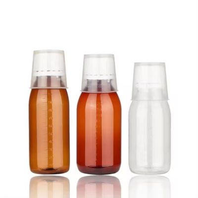 Wholesale Amber/Clear Plastic Bottles with Measuring Cup for Liquid Medicine Pharmacy Pet Medicine Bottle