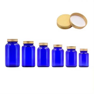 Glass bottles 100ml 150ml 200ml 250ml 300ml 400ml capsule pills blue Apothecary jars with gold aluminum screw cap