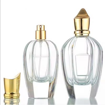 Unique Design Perfume Packaging Bottle 50ml 100ml Empty Thick Base Crimp Neck Glass Spray Bottles With Gold Caps