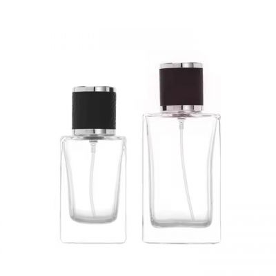 Wholesale Square Fragrance Bottle 30ml 50ml Glass Perfume Spray Bottle Portable Refillable Perfume Bottle With Black Leather Cap